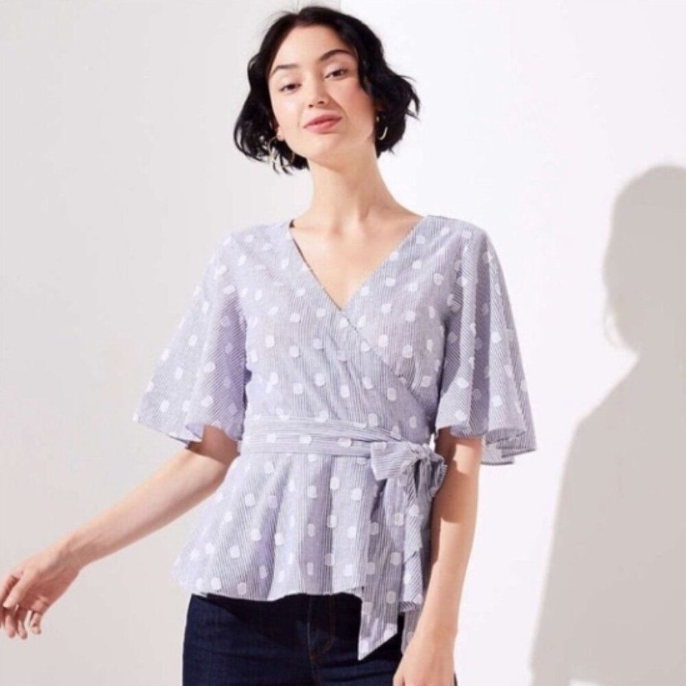 LOFT Polka Dot Stripe Wrap Blouse Flutter Short Sleeve Peplum Top size small